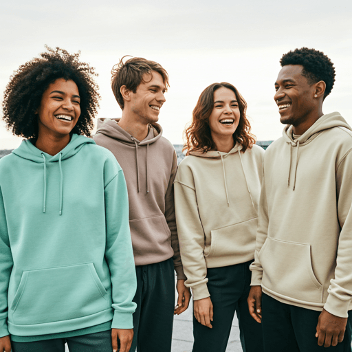 Four creators wearing custom-made hoodies
