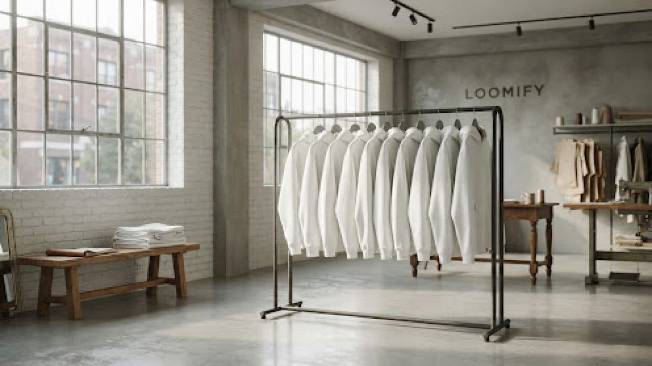 Minimalist design studio with a rack of premium white hoodies